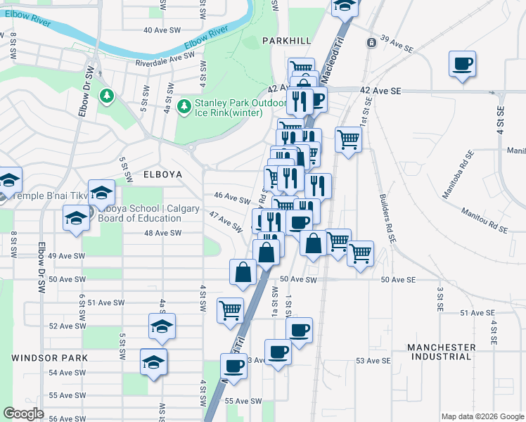 map of restaurants, bars, coffee shops, grocery stores, and more near 4637 Macleod Trail Southwest in Calgary