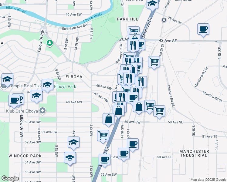 map of restaurants, bars, coffee shops, grocery stores, and more near 316 46 Avenue Southwest in Calgary