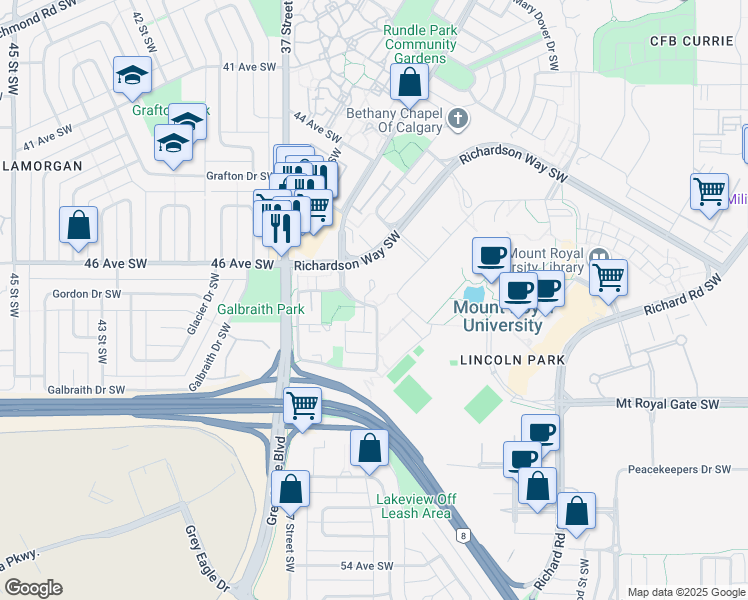 map of restaurants, bars, coffee shops, grocery stores, and more near 240 Lincoln Way Southwest in Calgary