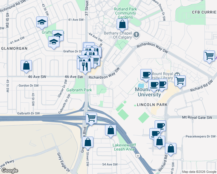 map of restaurants, bars, coffee shops, grocery stores, and more near 200 Lincoln Way Southwest in Calgary