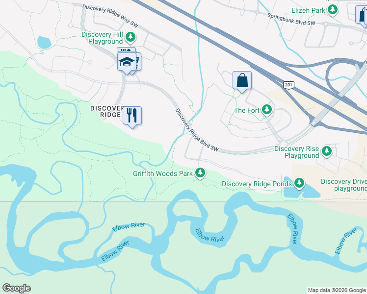 map of restaurants, bars, coffee shops, grocery stores, and more near 11 Discovery Ridge Cove Southwest in Calgary