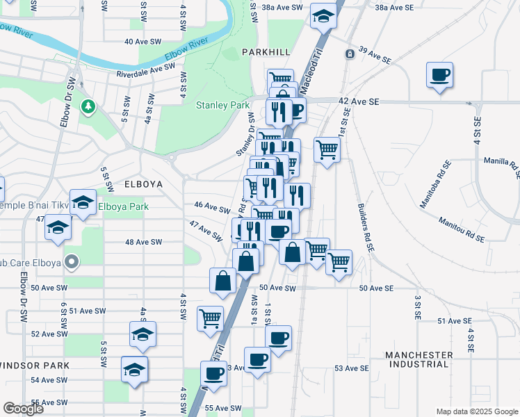 map of restaurants, bars, coffee shops, grocery stores, and more near 4637 Macleod Trail Southwest in Calgary