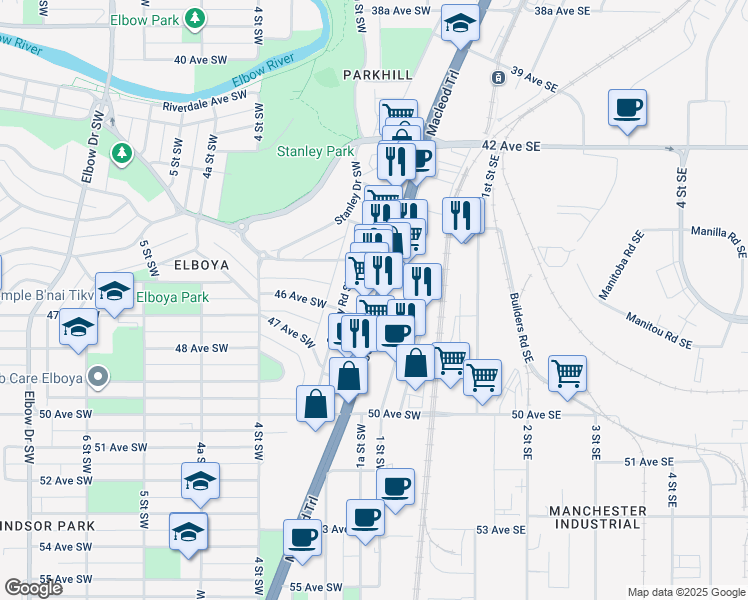 map of restaurants, bars, coffee shops, grocery stores, and more near 4620 Macleod Trail South in Calgary