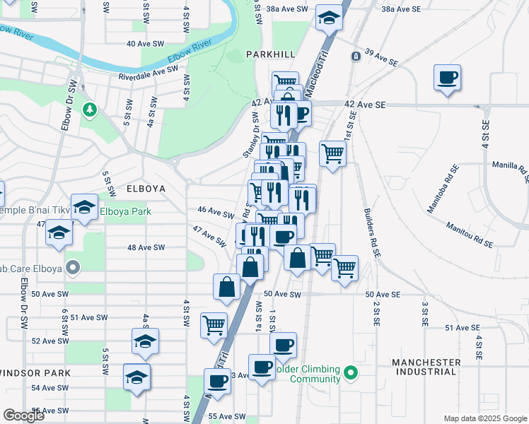 map of restaurants, bars, coffee shops, grocery stores, and more near 4637 Macleod Trail in Calgary