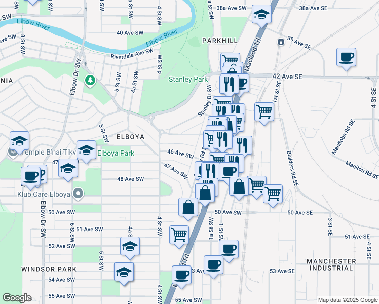 map of restaurants, bars, coffee shops, grocery stores, and more near 316 46 Avenue Southwest in Calgary
