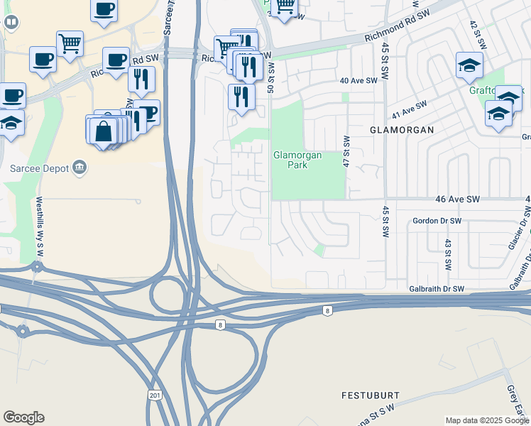 map of restaurants, bars, coffee shops, grocery stores, and more near 102 Gladstone Gardens Southwest in Calgary