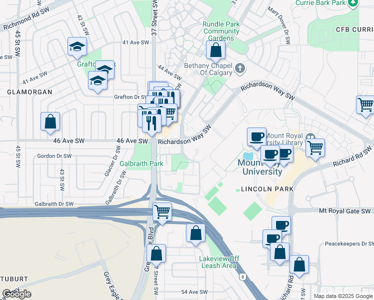 map of restaurants, bars, coffee shops, grocery stores, and more near 240 Lincoln Way Southwest in Calgary