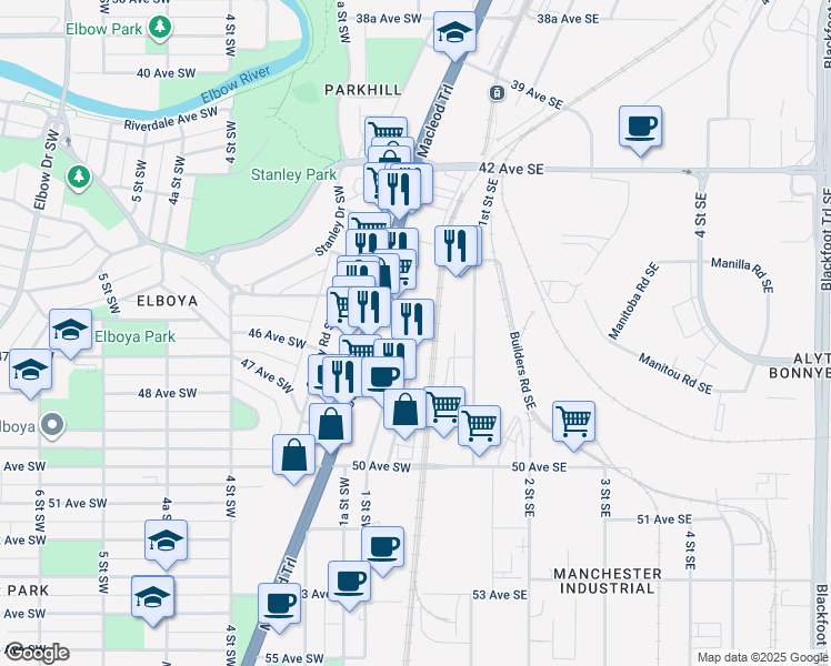 map of restaurants, bars, coffee shops, grocery stores, and more near 4630 Macleod Trail in Calgary