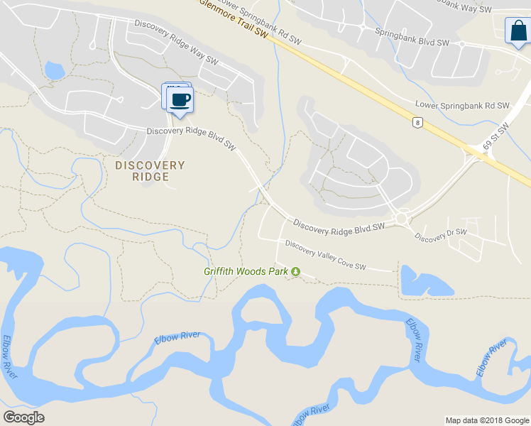 map of restaurants, bars, coffee shops, grocery stores, and more near 11 Discovery Ridge Cove Southwest in Calgary