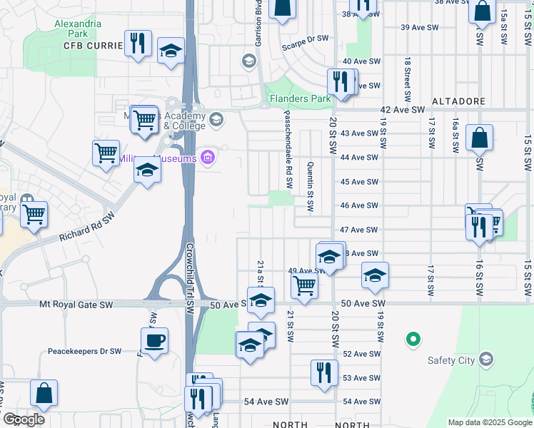 map of restaurants, bars, coffee shops, grocery stores, and more near 4709 21A Street Southwest in Calgary