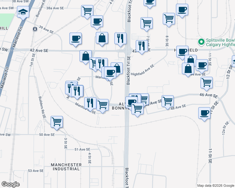 map of restaurants, bars, coffee shops, grocery stores, and more near 4620 Manilla Road Southeast in Calgary