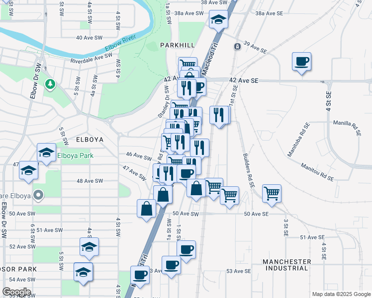 map of restaurants, bars, coffee shops, grocery stores, and more near 4620 Macleod Trail South in Calgary