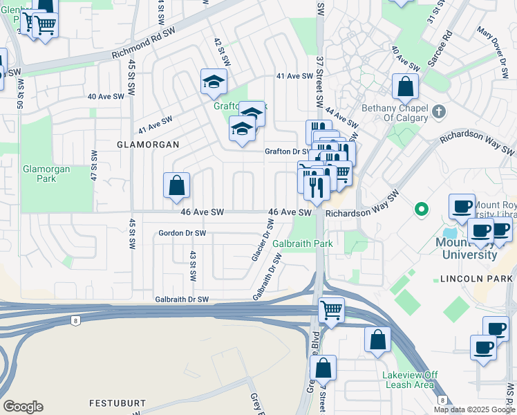 map of restaurants, bars, coffee shops, grocery stores, and more near 2 Gladeview Crescent Southwest in Calgary