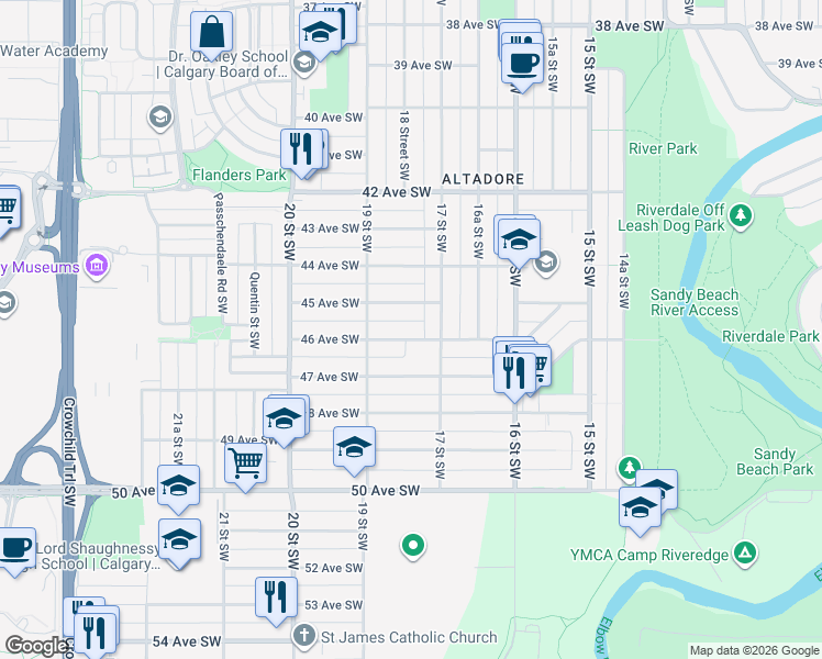 map of restaurants, bars, coffee shops, grocery stores, and more near 1925 46 Avenue Southwest in Calgary