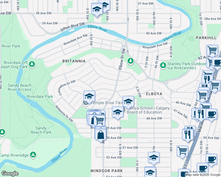 map of restaurants, bars, coffee shops, grocery stores, and more near 716 Crescent Boulevard Southwest in Calgary