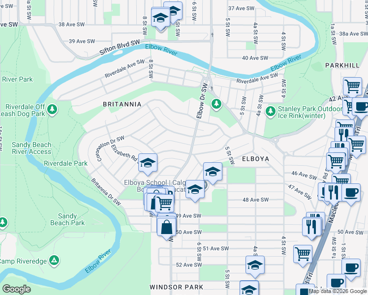map of restaurants, bars, coffee shops, grocery stores, and more near in Calgary