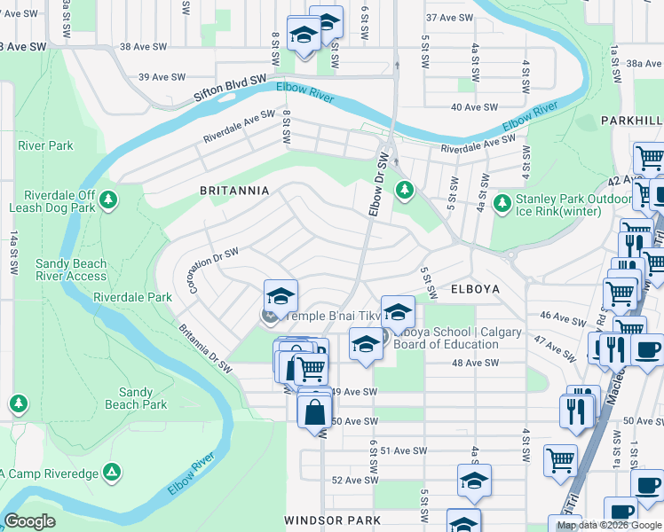 map of restaurants, bars, coffee shops, grocery stores, and more near 716 Crescent Boulevard Southwest in Calgary