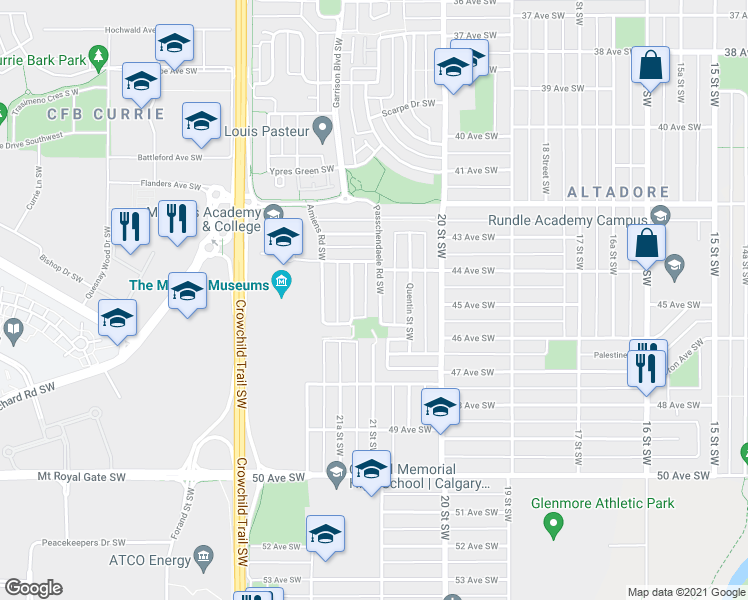 map of restaurants, bars, coffee shops, grocery stores, and more near 4603 Passchendaele Road Southwest in Calgary