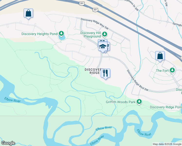 map of restaurants, bars, coffee shops, grocery stores, and more near 51 Discovery Ridge Lane Southwest in Calgary