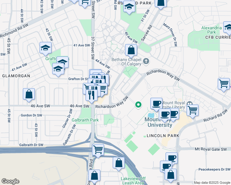 map of restaurants, bars, coffee shops, grocery stores, and more near 45 Richelieu Court Southwest in Calgary