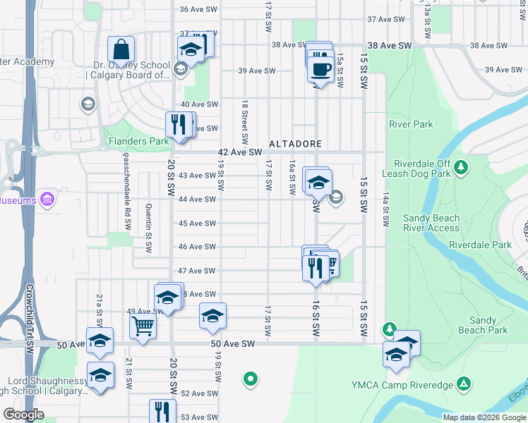 map of restaurants, bars, coffee shops, grocery stores, and more near in Calgary