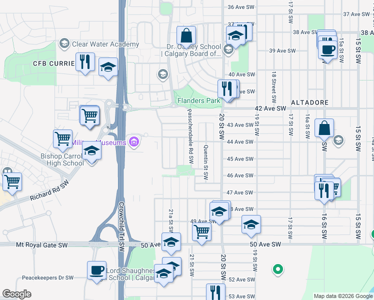 map of restaurants, bars, coffee shops, grocery stores, and more near 4603 Passchendaele Road Southwest in Calgary