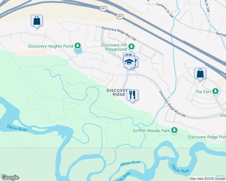 map of restaurants, bars, coffee shops, grocery stores, and more near 51 Discovery Ridge Lane Southwest in Calgary