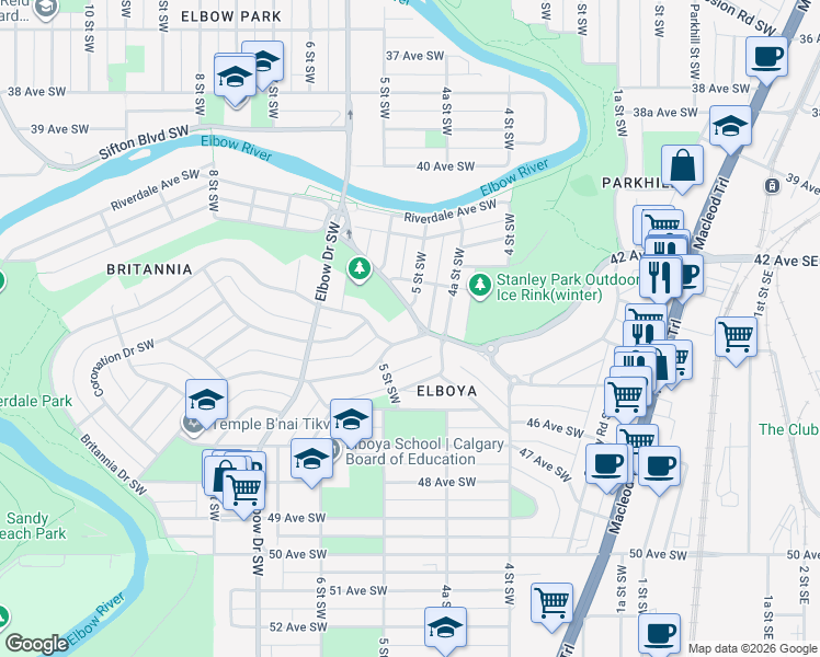 map of restaurants, bars, coffee shops, grocery stores, and more near 4512 5 Street Southwest in Calgary