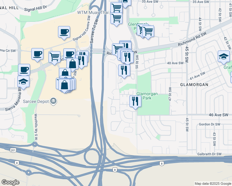 map of restaurants, bars, coffee shops, grocery stores, and more near 59 Glamis Drive Southwest in Calgary