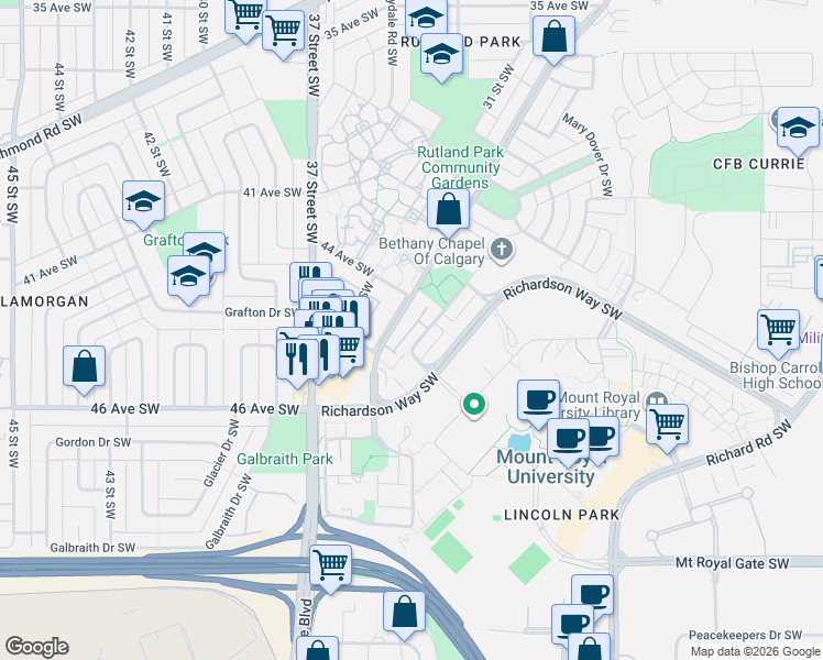 map of restaurants, bars, coffee shops, grocery stores, and more near in Calgary