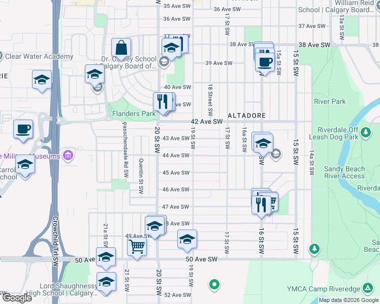 map of restaurants, bars, coffee shops, grocery stores, and more near 2005 43 Avenue Southwest in Calgary