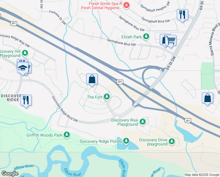 map of restaurants, bars, coffee shops, grocery stores, and more near 54 Discovery Ridge Road Southwest in Calgary