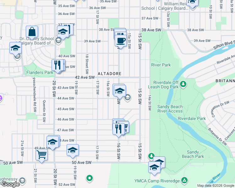 map of restaurants, bars, coffee shops, grocery stores, and more near 4405 16 Street Southwest in Calgary