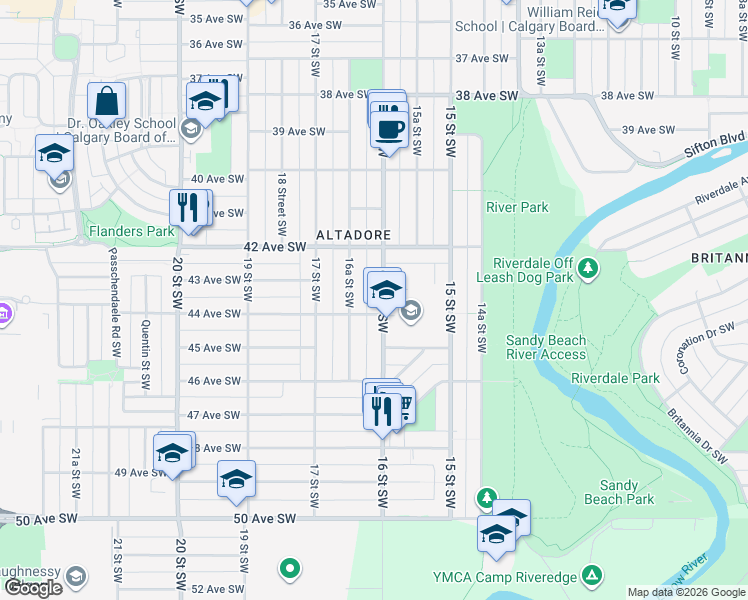 map of restaurants, bars, coffee shops, grocery stores, and more near 4405 16 Street Southwest in Calgary