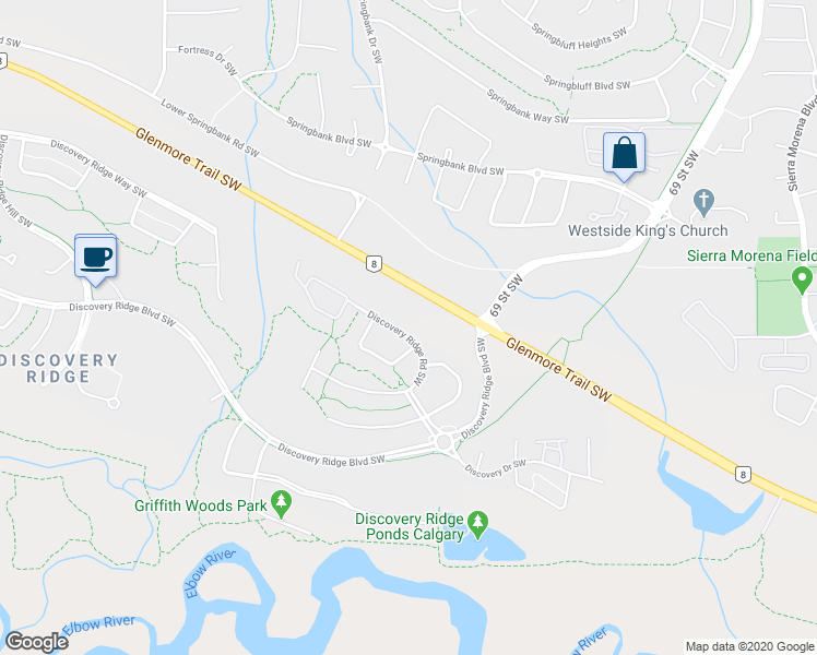 map of restaurants, bars, coffee shops, grocery stores, and more near 54 Discovery Ridge Road Southwest in Calgary