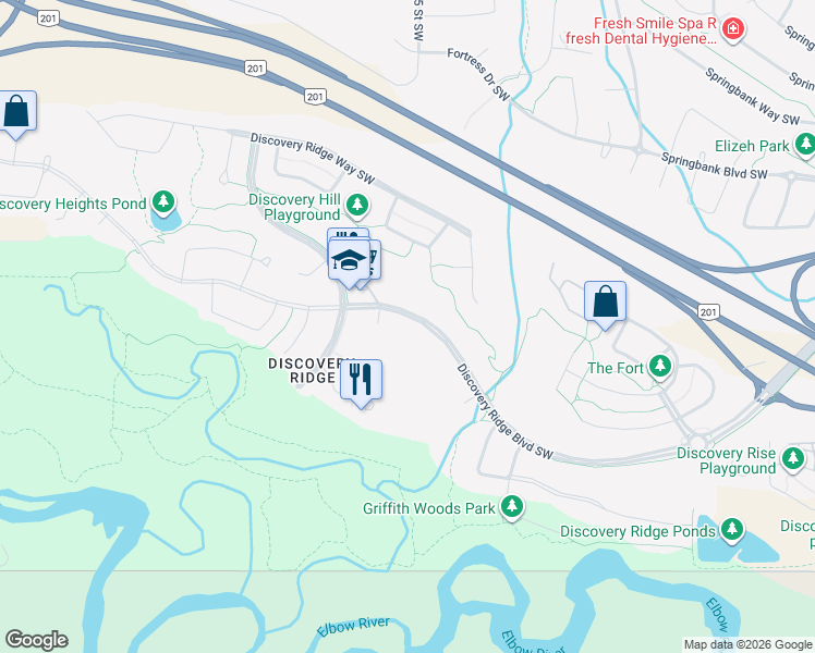 map of restaurants, bars, coffee shops, grocery stores, and more near 138 Discovery Ridge Boulevard Southwest in Calgary