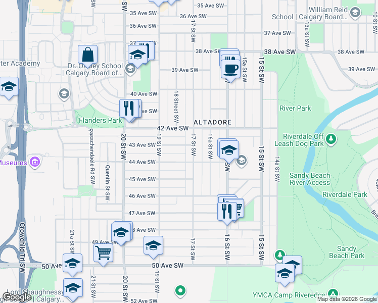 map of restaurants, bars, coffee shops, grocery stores, and more near 4406 17 Street Southwest in Calgary