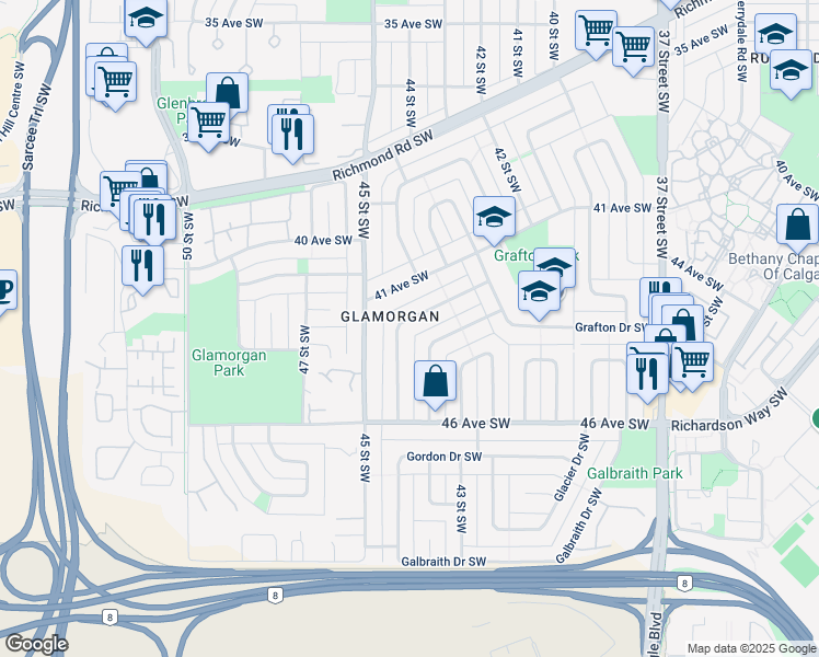 map of restaurants, bars, coffee shops, grocery stores, and more near 53 Glamorgan Drive Southwest in Calgary