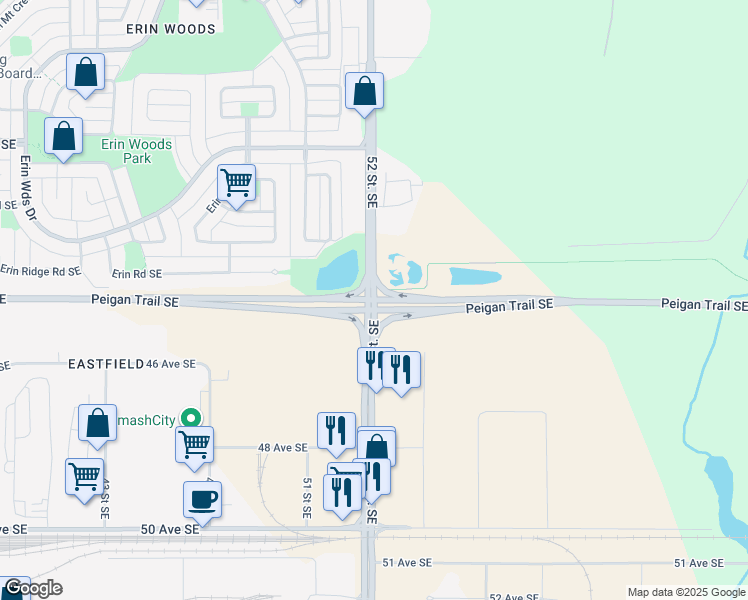 map of restaurants, bars, coffee shops, grocery stores, and more near Peigan Trail Southeast in Calgary