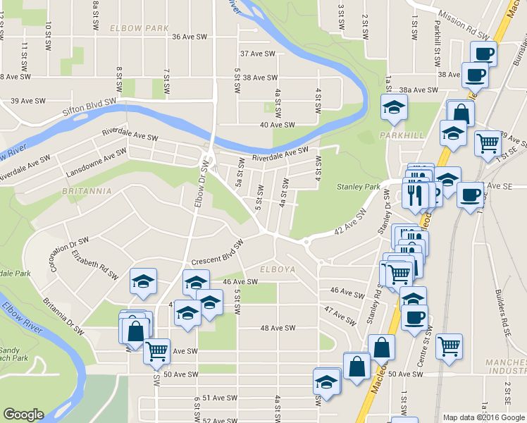 map of restaurants, bars, coffee shops, grocery stores, and more near 4512 5 Street Southwest in Calgary