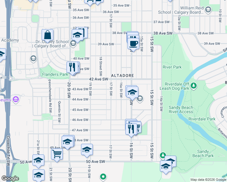 map of restaurants, bars, coffee shops, grocery stores, and more near 4406 17 Street Southwest in Calgary