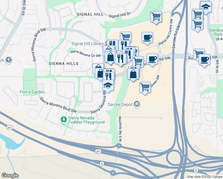 map of restaurants, bars, coffee shops, grocery stores, and more near in Calgary