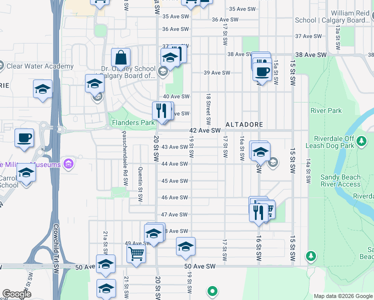map of restaurants, bars, coffee shops, grocery stores, and more near 2005 43 Avenue Southwest in Calgary