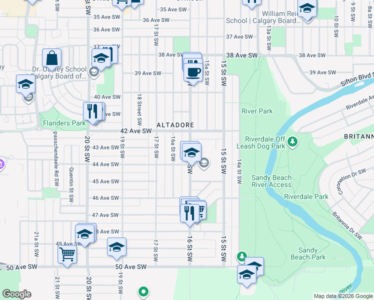 map of restaurants, bars, coffee shops, grocery stores, and more near 4405 16 Street Southwest in Calgary