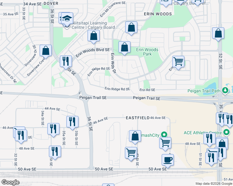 map of restaurants, bars, coffee shops, grocery stores, and more near 135 Erin Ridge Road Southeast in Calgary