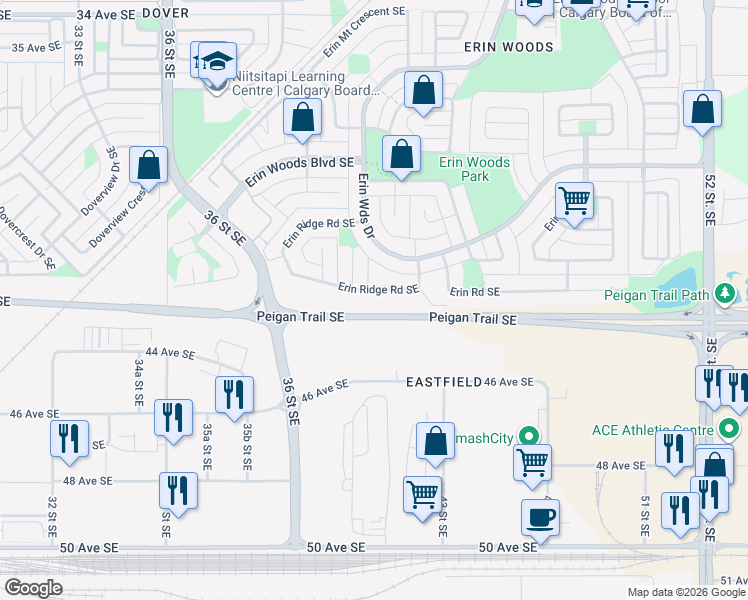 map of restaurants, bars, coffee shops, grocery stores, and more near 135 Erin Ridge Road Southeast in Calgary