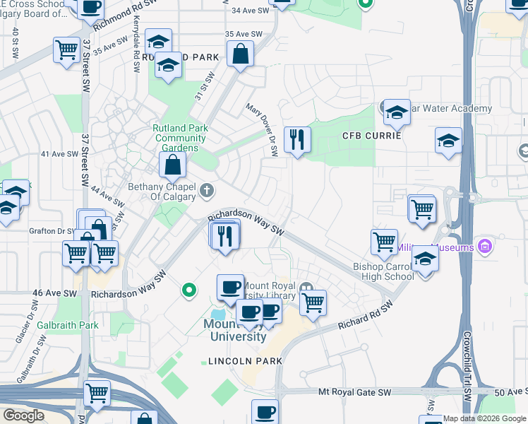 map of restaurants, bars, coffee shops, grocery stores, and more near in Calgary