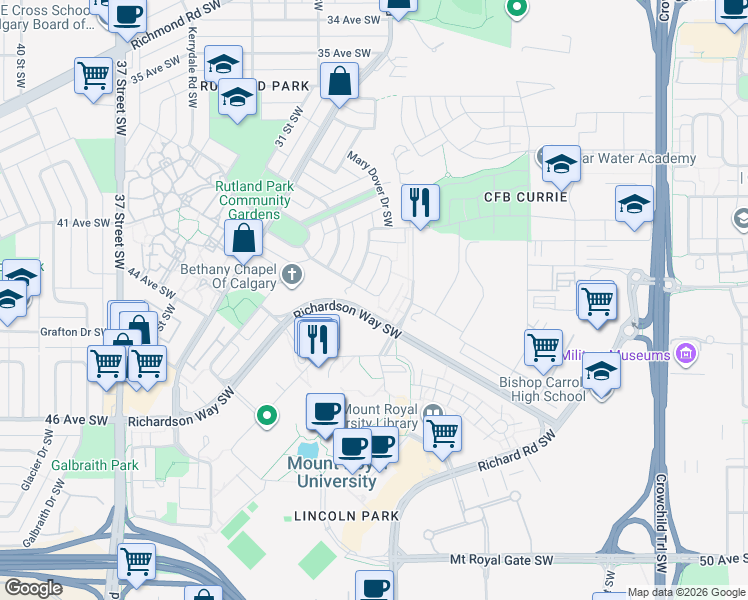 map of restaurants, bars, coffee shops, grocery stores, and more near in Calgary