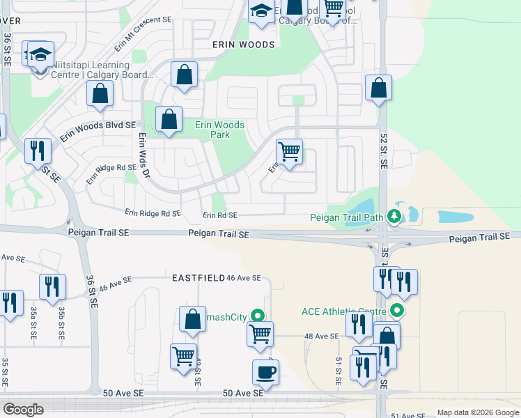 map of restaurants, bars, coffee shops, grocery stores, and more near 144 Erin Circle Southeast in Calgary