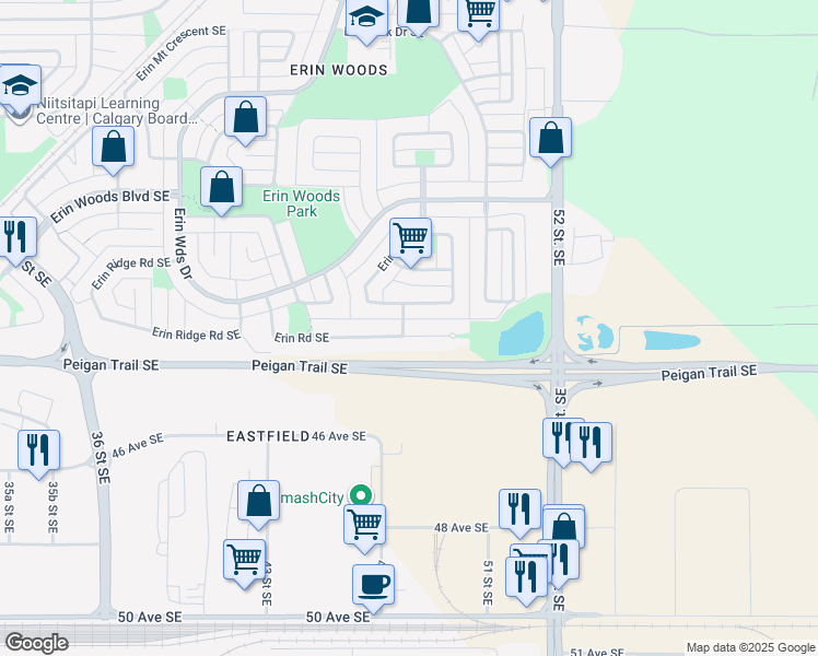 map of restaurants, bars, coffee shops, grocery stores, and more near 5106 Erin Place Southeast in Calgary
